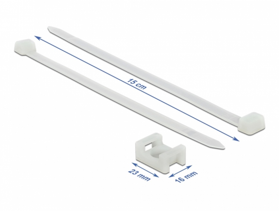 Imagine Set 10 bride L 150 x B 7.2 mm + 10 suport pentru montare surub 23 x 16 mm Alb, Delock 18885